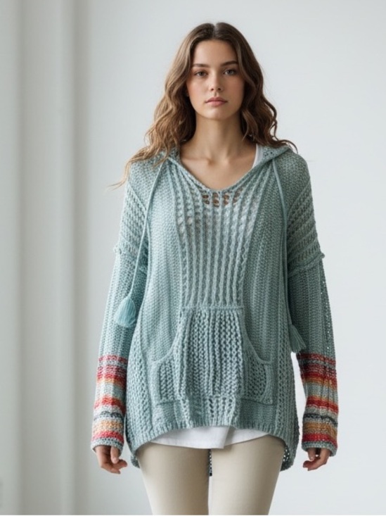 POL Sweaters - POL Mint Green Knit Hoodie Sweater with Multicolor Striped Cuffs